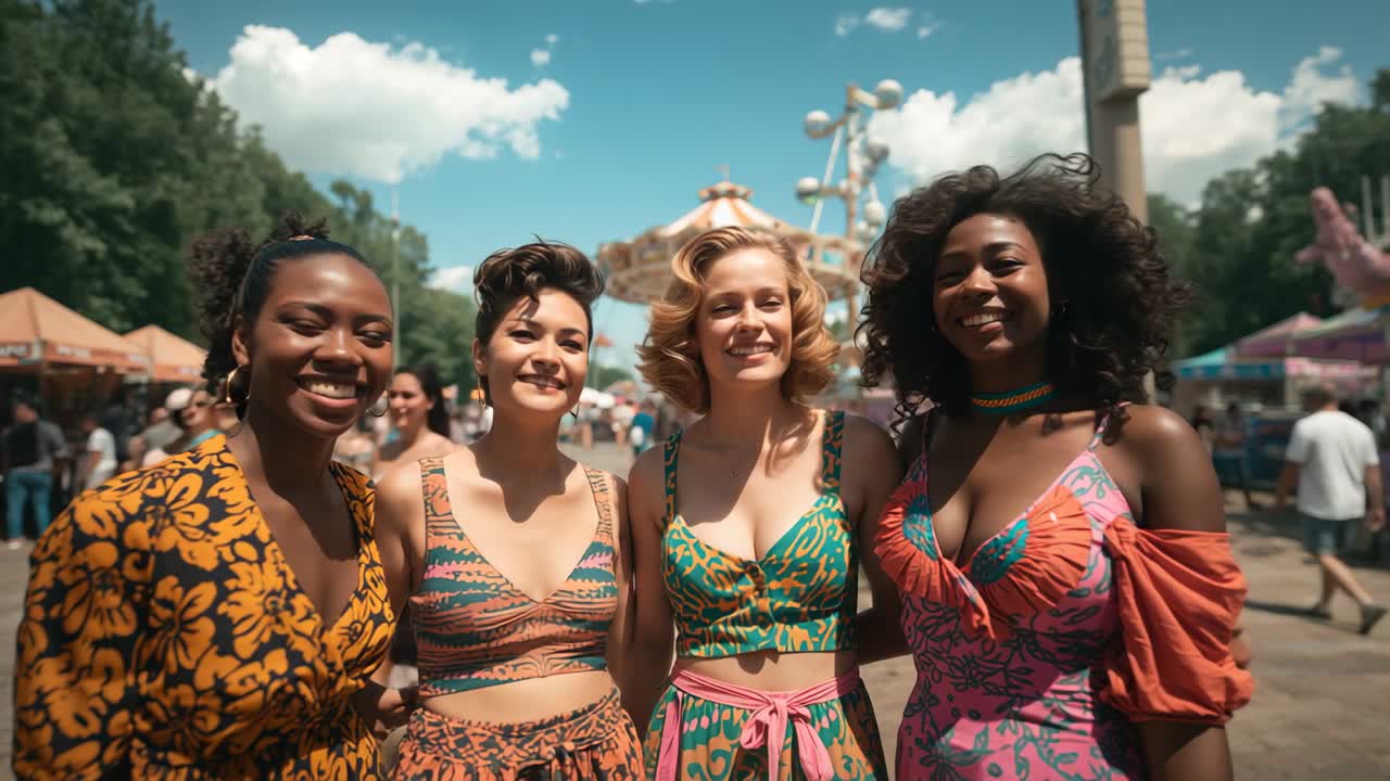 Responding to friend's invitation, four women strolling in fairground, slotting into carousel pose