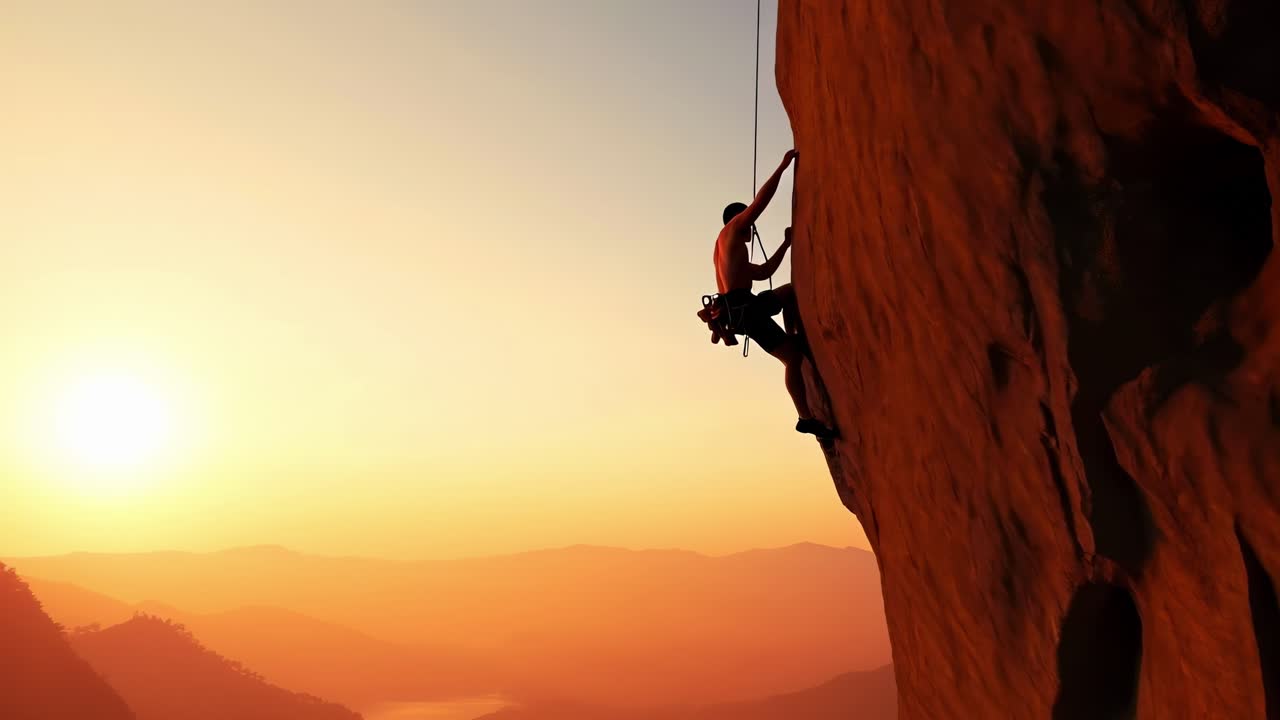 Silhouette of a rock climber at sunset, captured from a side angle