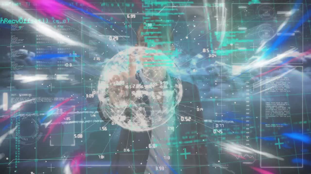 전 세계 숫자의 애니메이션, 프로그래밍 언어, 미래의 기술을 사용하는 백인 여성