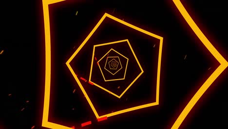 Neon-hexagon-shapes-and-particles-moving-against-black-background