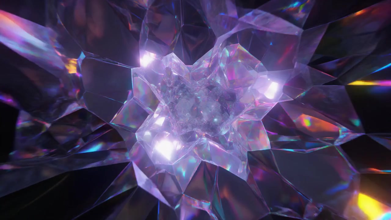 Tunnel astratto di sfaccettature di cristallo viola luminoso e iridescenti