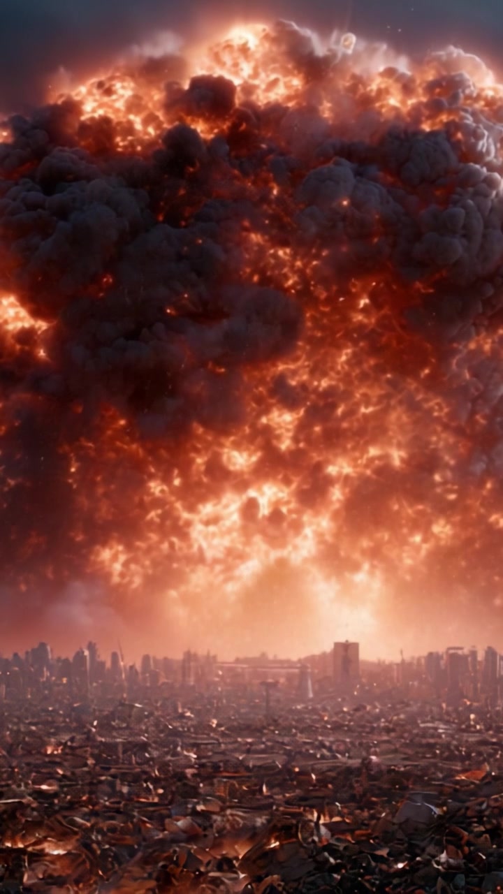 Un'esplosione catastrofica illumina il paesaggio urbano desolato sottostante, mentre nuvole infuocate di fumo e detriti si innalzano verso il cielo, segnalando devastazione e caos nell'immediato seguito.