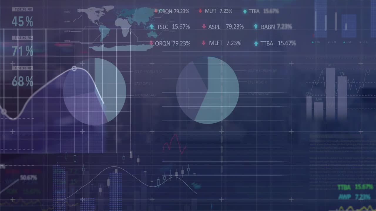 animación del procesamiento de datos estadísticos y bursátiles frente a una vista aérea del paisaje urbano
