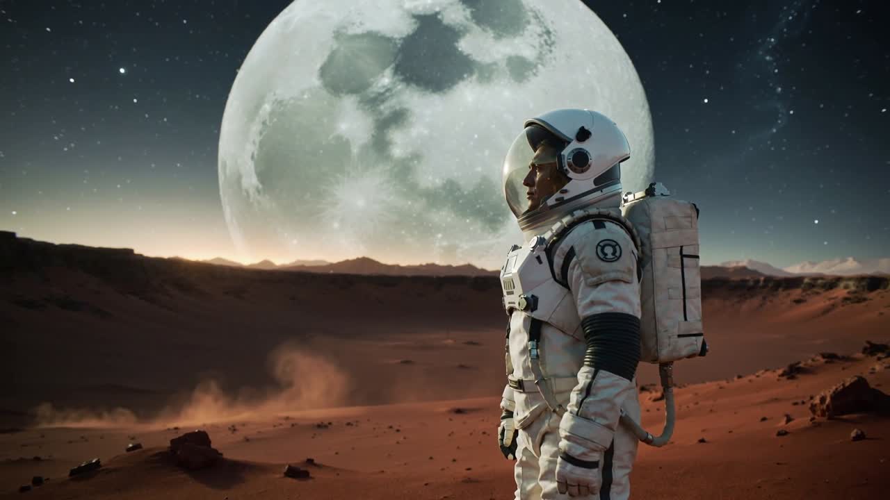 Astronaut i hvid dragt med rygsæk vender sig og kigger på kæmpe måne over rød slette, støv stiger op, med plads til tekst.
