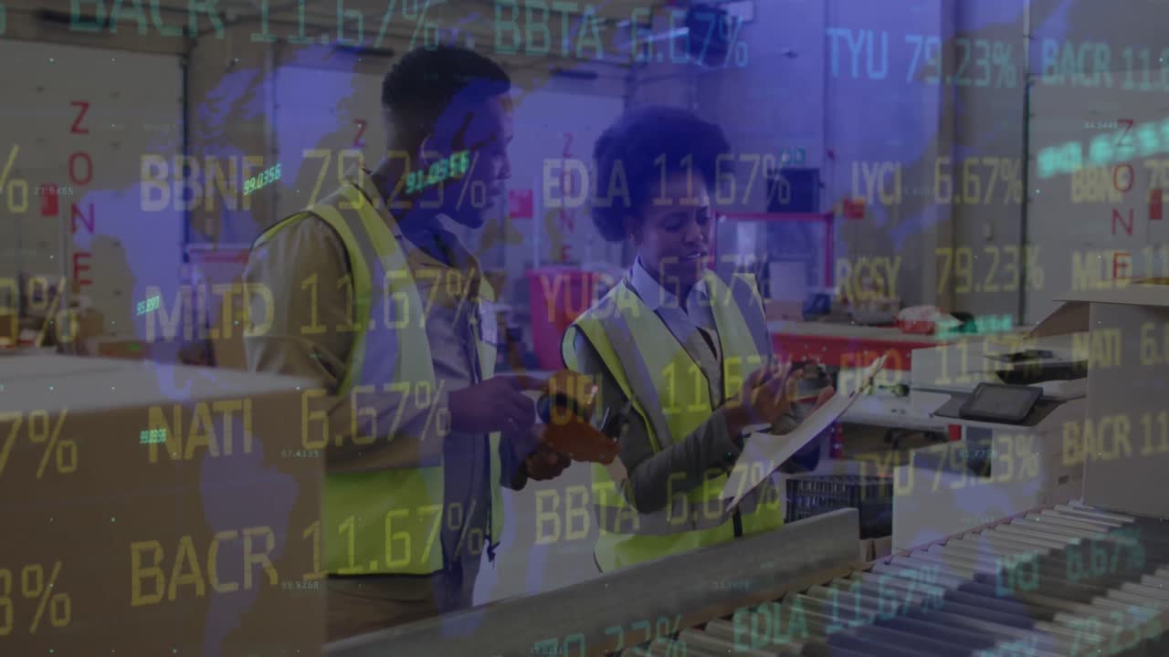 Animation of financial data processing over diverse people working in warehouse