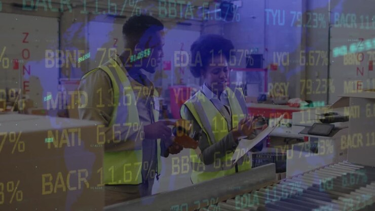 Animation of financial data processing over diverse people working in warehouse