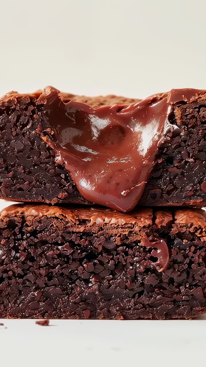 Vertikal video: Overfylt sjokolade, to stablede brownies som trekker dråper ned til bunnen i et studio, dryppende