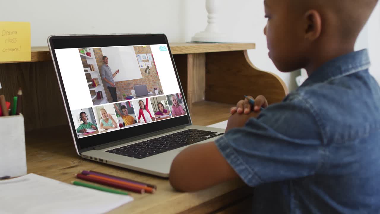 video compuesto de un niño usando una computadora portátil, con pantallas de diversas clases y maestros en la lección en línea