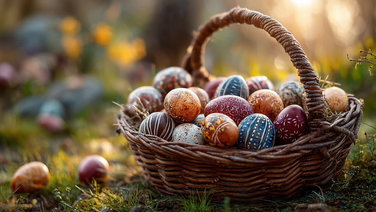 A beautifully arranged basket overflowing with intricately painted Easter eggs, surrounded by a serene natural backdrop, capturing the essence of springtime festivities and joy