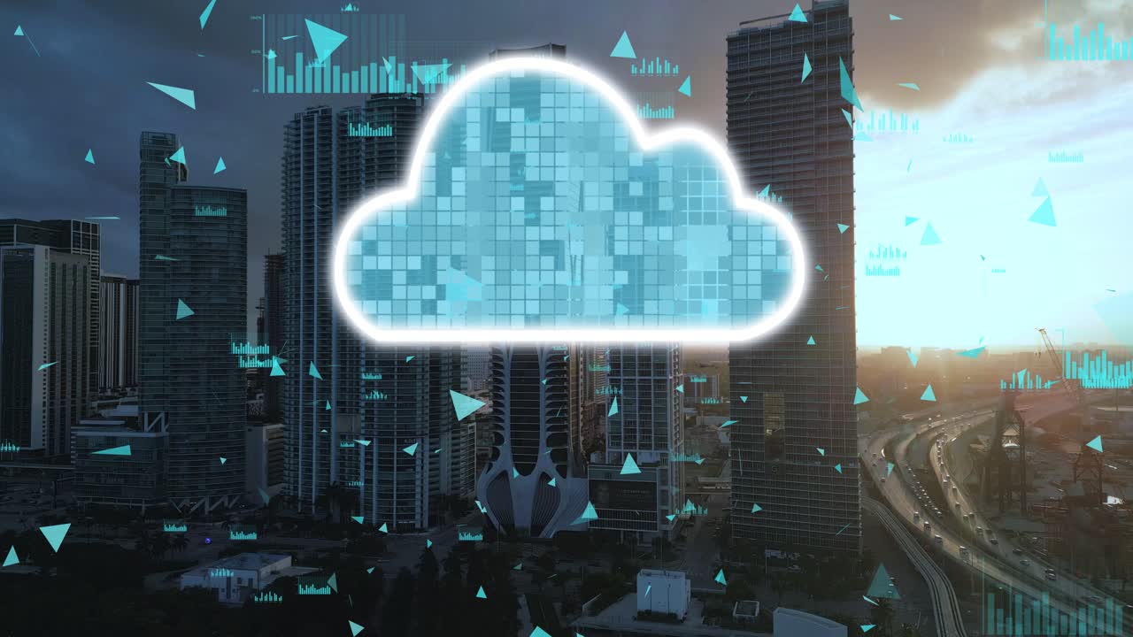 A 3D render animation showcasing cloud data storage technology concept over an urban cityscape, symbolizing modern digital infrastructure