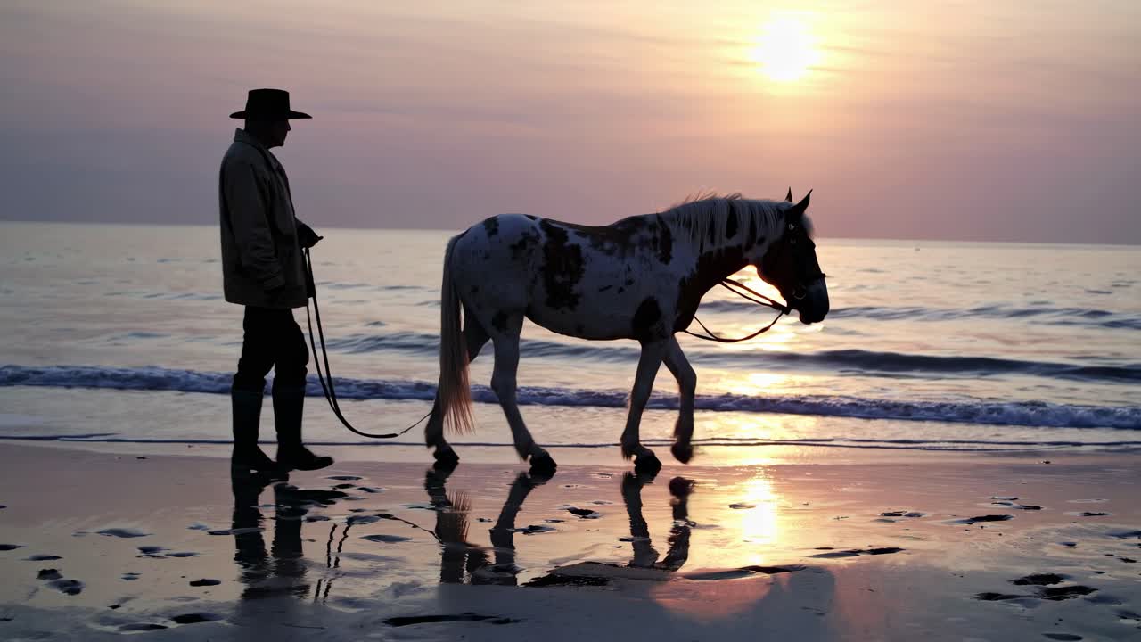 Man and Horse at Sunset on the Beach