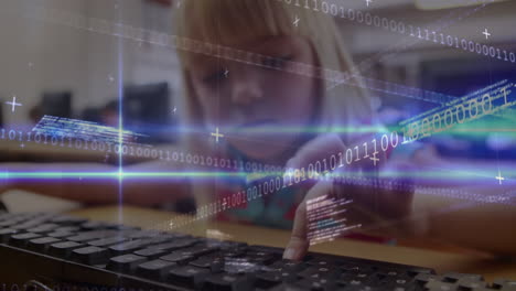animación de procesamiento de datos sobre chica caucásica escribiendo en el teclado