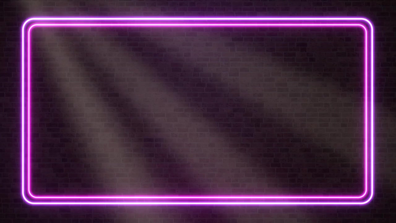 Pulsing purple neon rectangle flickers on dark brick wall with diagonal volumetric light rays.
