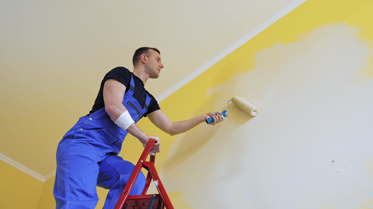 Professional craftsman painting walls indoors. Young male worker in blue overalls standing on a building ladder and use paint roller. View from below.