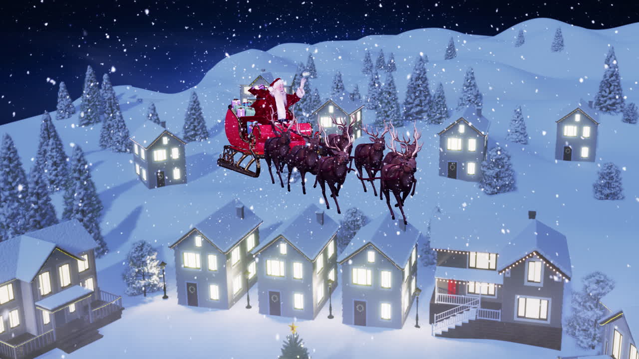 Animation of snow falling over christmas santa claus in sleigh with reindeer in winter scenery