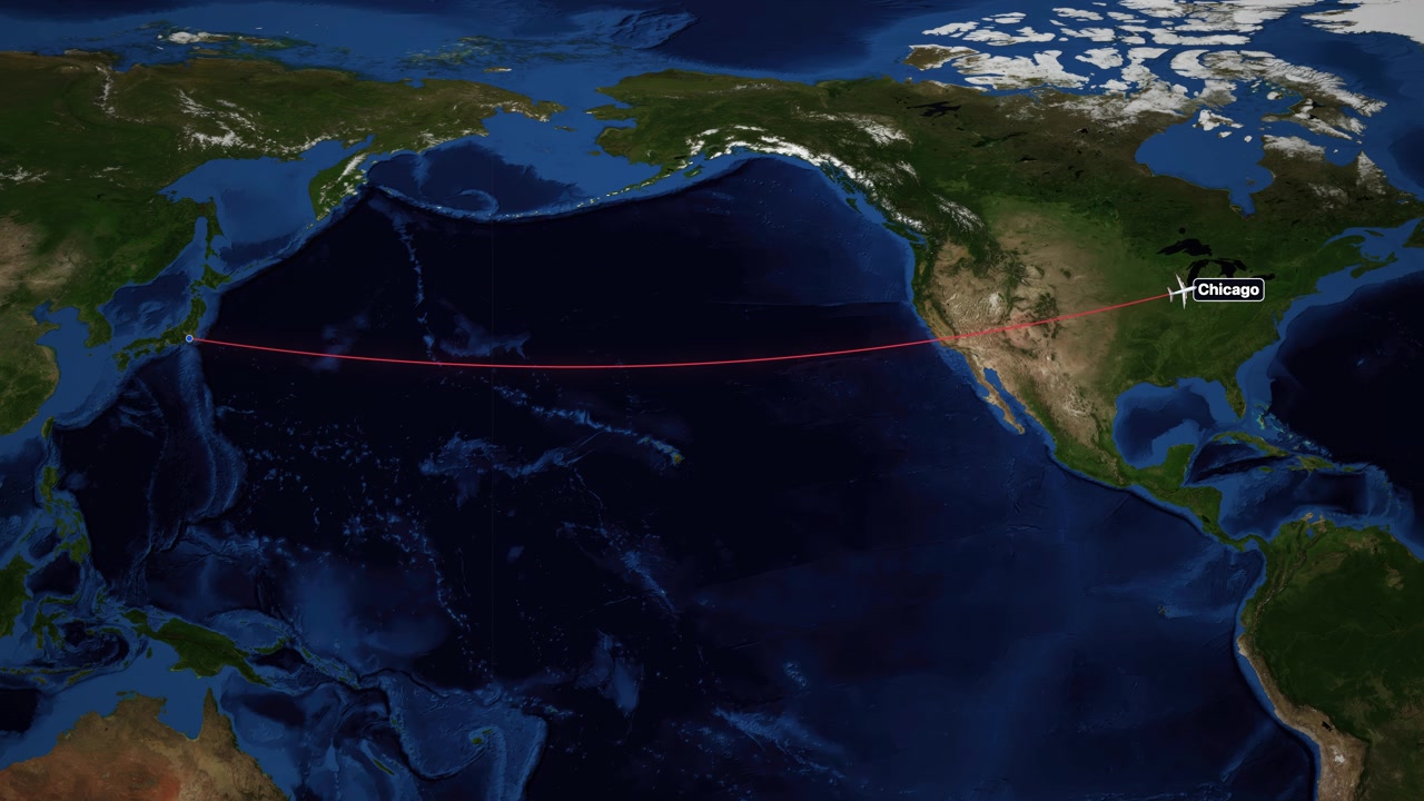 Satellite map animation showing a commercial flight route from Tokyo to Chicago across Pacific.