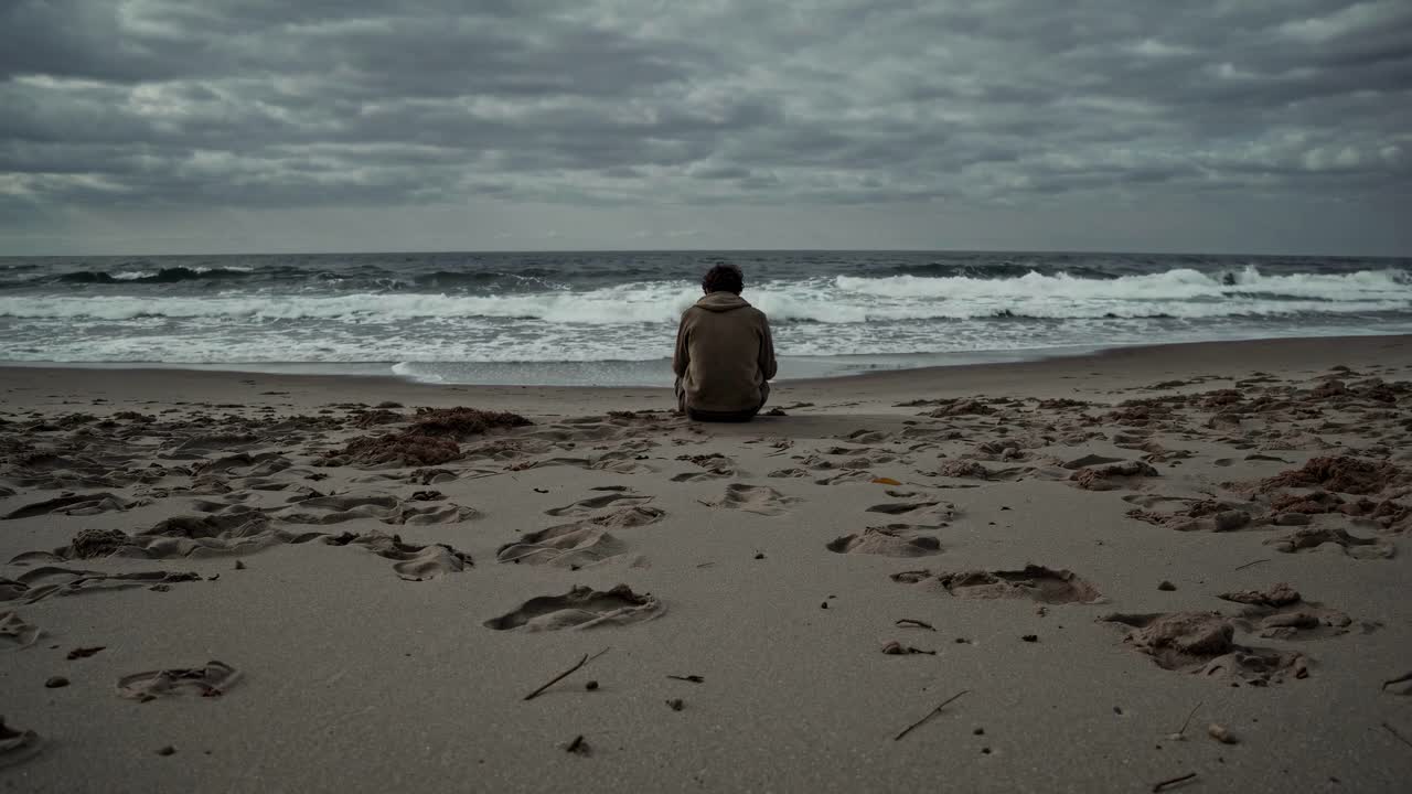 Uma cena de vídeo atmosférica mostra uma pessoa sentada em uma praia de frente para o oceano