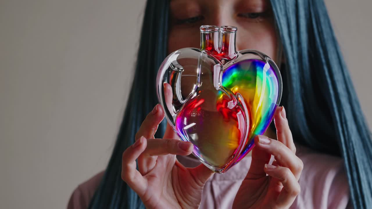 giovane donna con i capelli azzurri che tiene delicatamente una bottiglia di vetro iridescente a forma di cuore, creando ipnotizzanti rifrazioni di luce e vibranti riflessi arcobaleno contro uno sfondo incontaminato