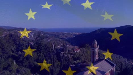 animación de la bandera de la unión europea sobre el paisaje