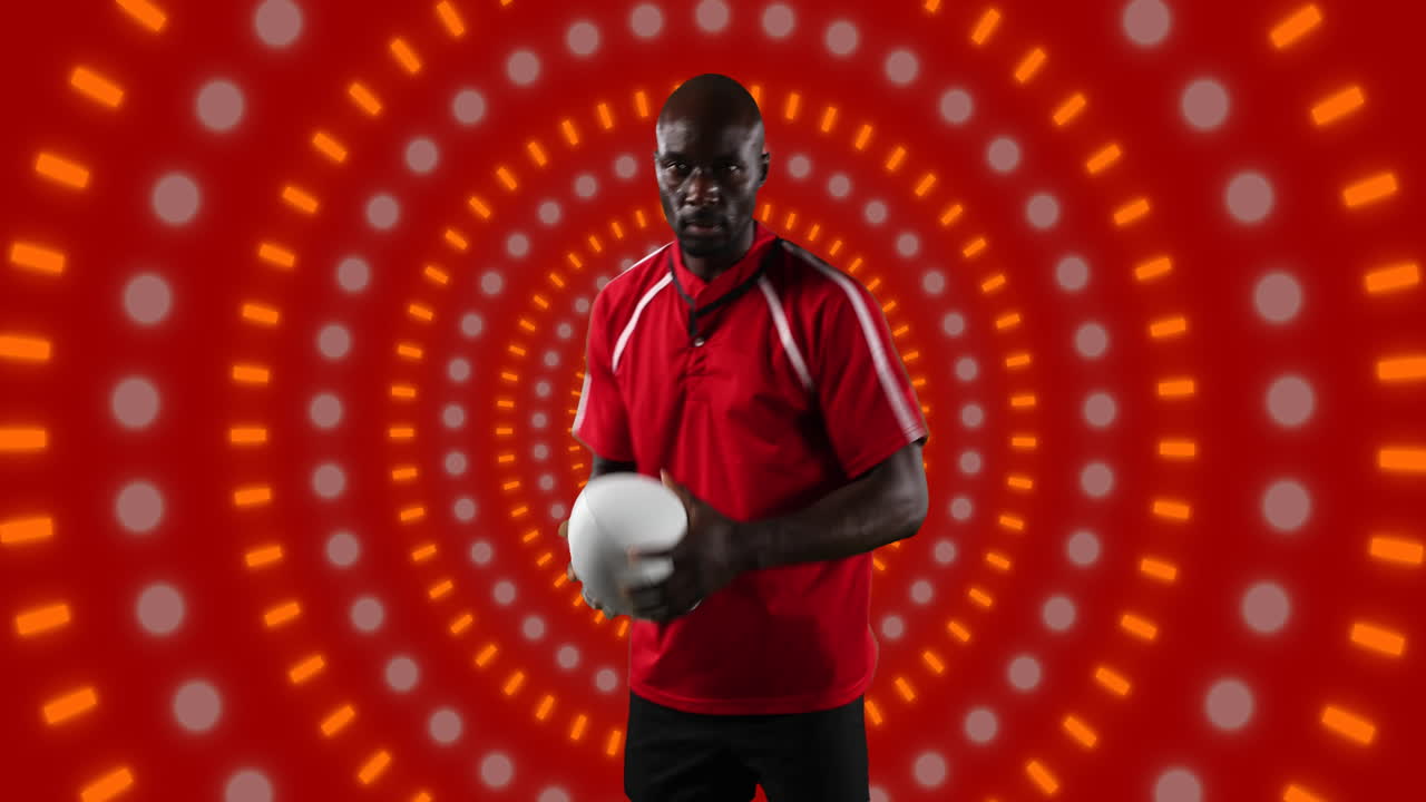 Animazione di un giocatore di football americano afroamericano con il pallone su forme.