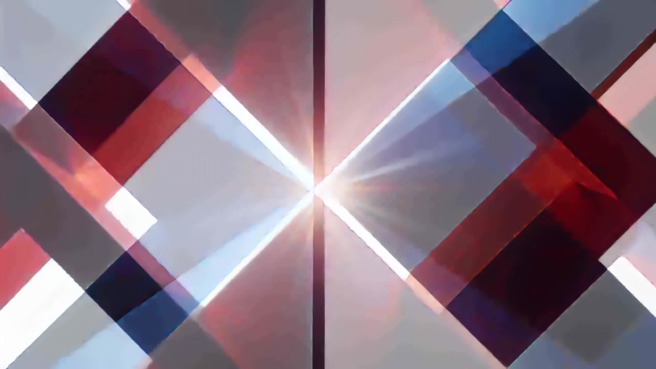 Entering from sides, blue and red chevrons sliding toward center on white backdrop making starburst