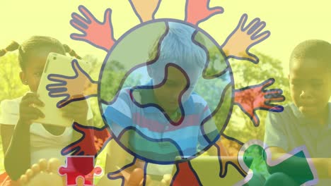 animation of colourful puzzle pieces and globe with hands over children sing tablets