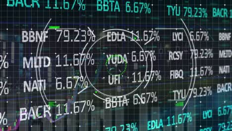 Animation-of-circles-over-trading-board-and-multiple-graphs-against-black-background