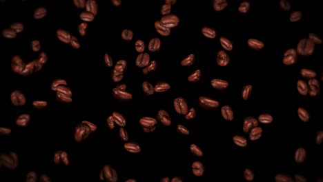 flying many coffee beans on black background. caffeine drink, breakfast, aroma. 3d animation of roasted coffee beans rotating. loop animation.