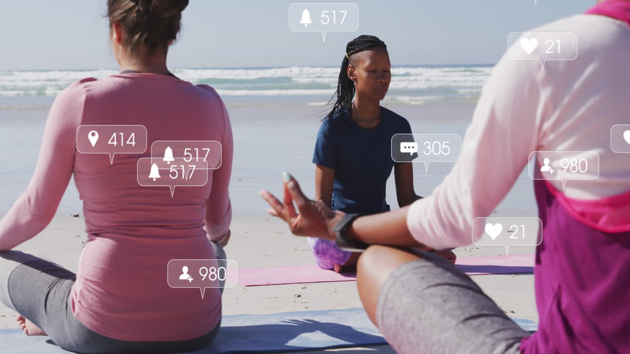 Animation of social media data processing over diverse women exercising on beach