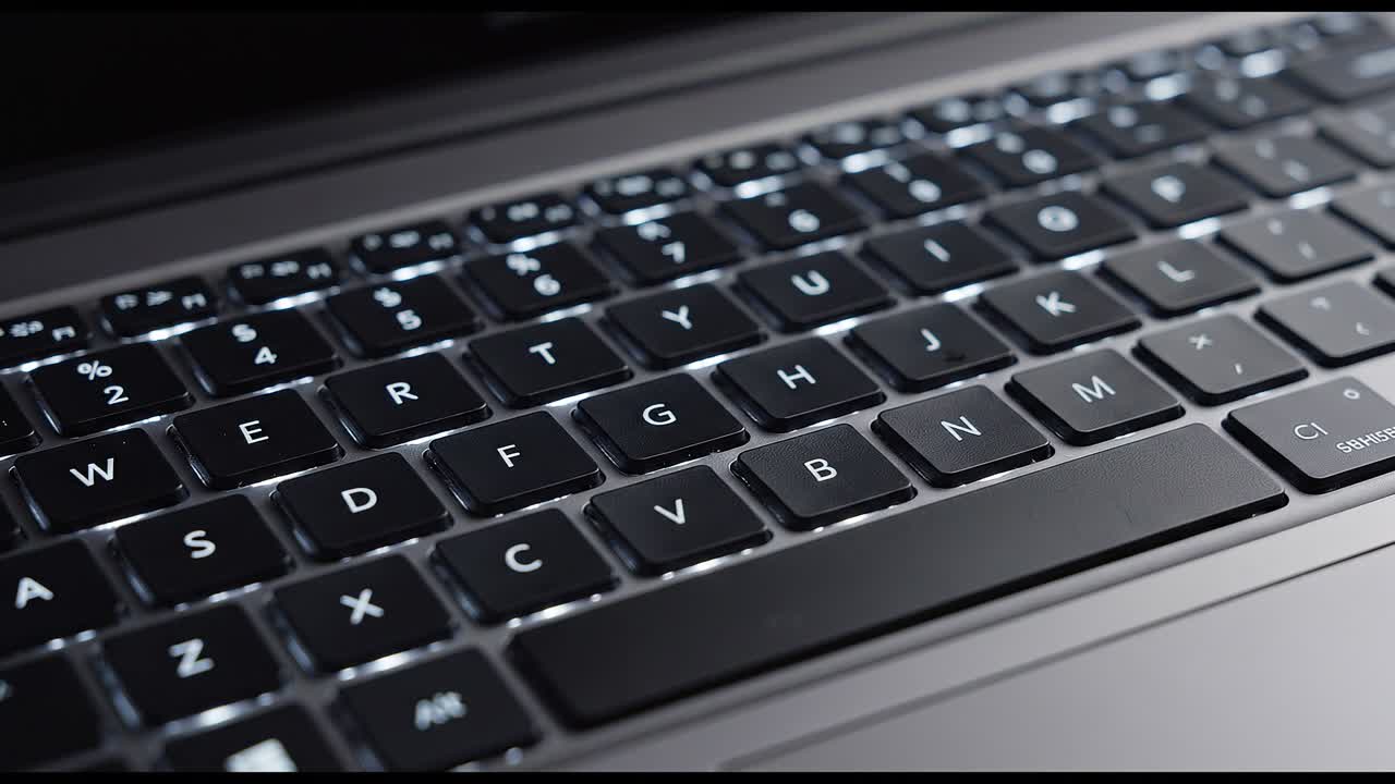 Macro angled view of laptop keyboard keys with shallow depth of field highlighting letters and texture
