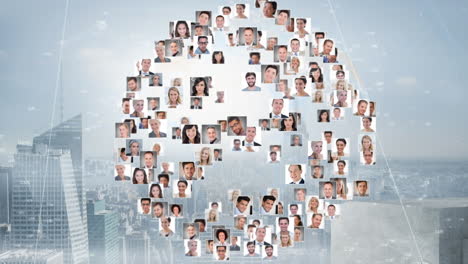 animation of globe made of user photos over cityscape