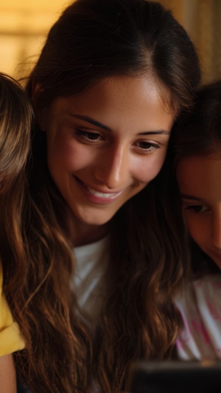 Un momento cálido y alegre: Una mujer joven sonriendo mientras comparte el teléfono con dos niñas, capturando momentos de conexión y felicidad juntas