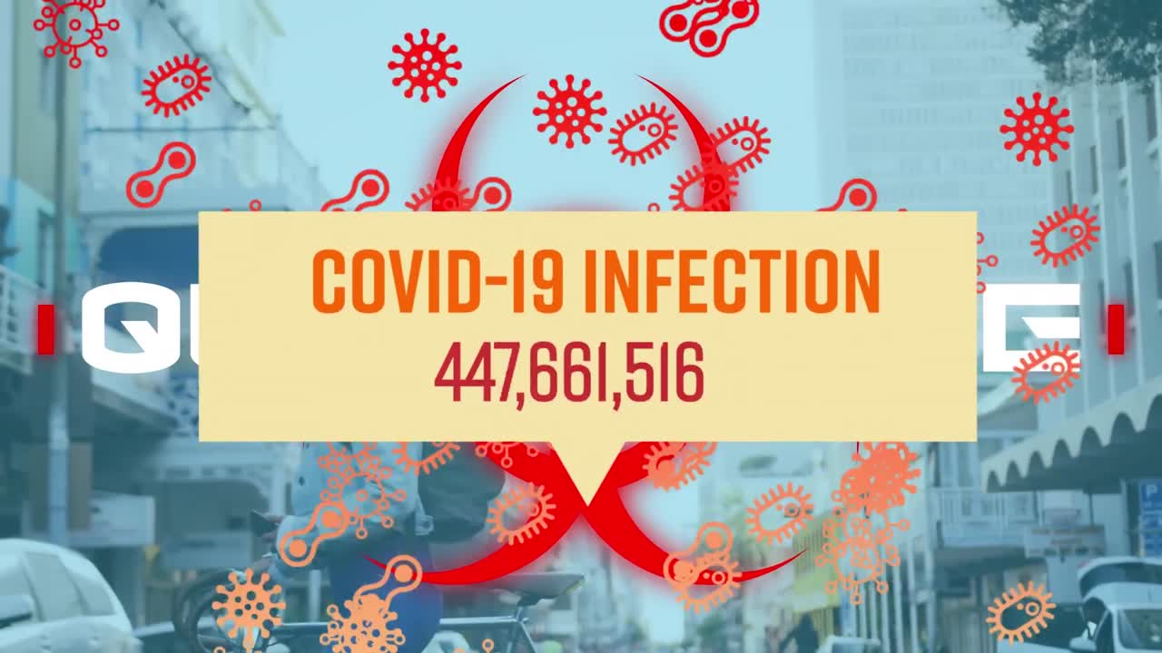 바이오 위험 상징과 얼굴 마스크를 입은 여성에 대한 코로나 19 데이터 처리 애니메이션