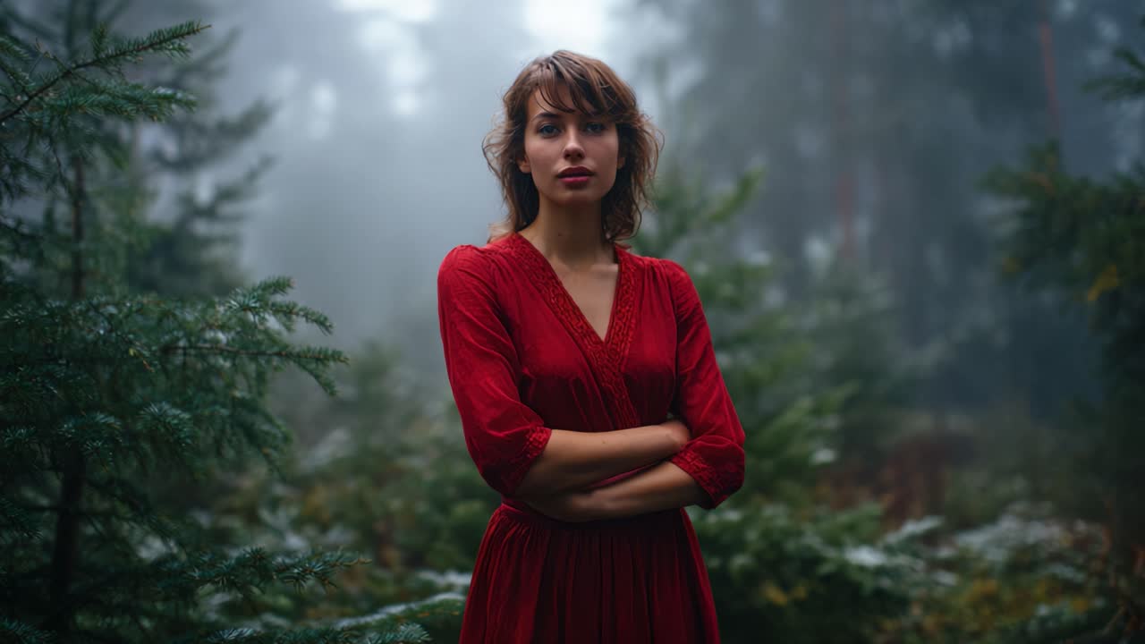 Eine Frau in einem auffälligen roten Kleid steht selbstbewusst in einem nebligen Wald, die friedliche Atmosphäre um sich herum genießend, in einem Moment stiller Selbstreflexion.
