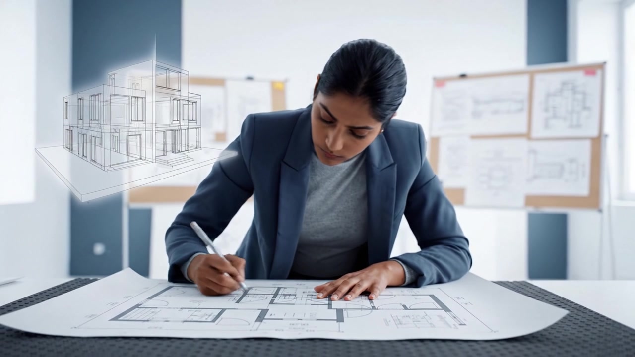 Arquitecto Analizando Planos de Construcción con Modelos 3D Mientras Diseña Espacios Innovadores en un Entorno de Oficina Moderno.
