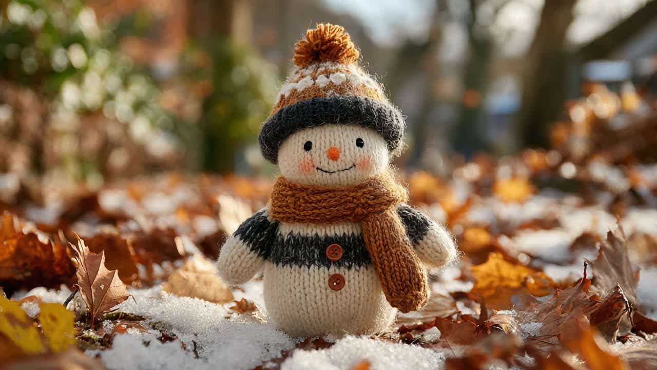 A Charming Handmade Snowman with a Cozy Scarf and Fun Hat Surrounded by Autumn Leaves and Snow, Perfectly Capturing the Joy of Winter Seasons