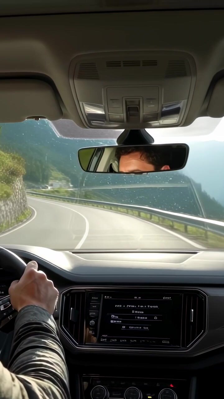 Video verticale: Uomo alla guida con giacca scura che tiene il volante su una strada di montagna, il bagliore del sole che lo fa distogliere lo sguardo.