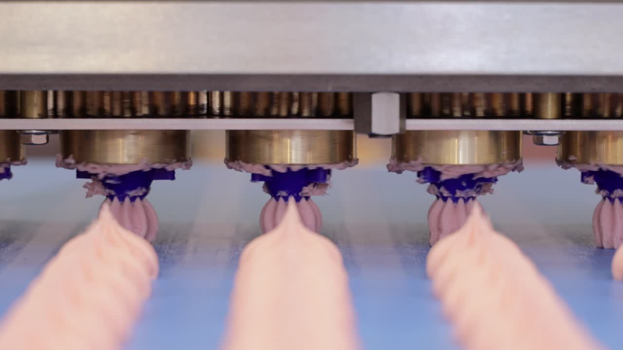 Cakes on automatic conveyor belt , process of baking in confectionery factory.
