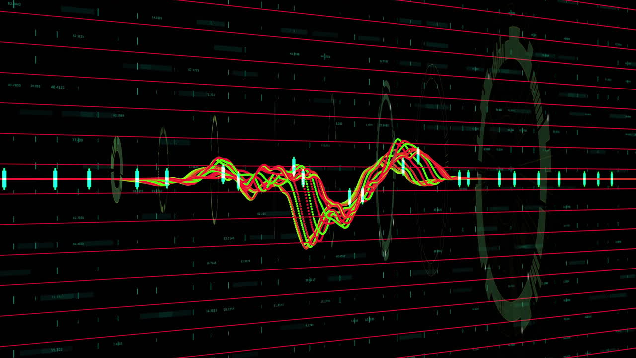 Animation of colorful data visualization with fluctuating lines over digital grid