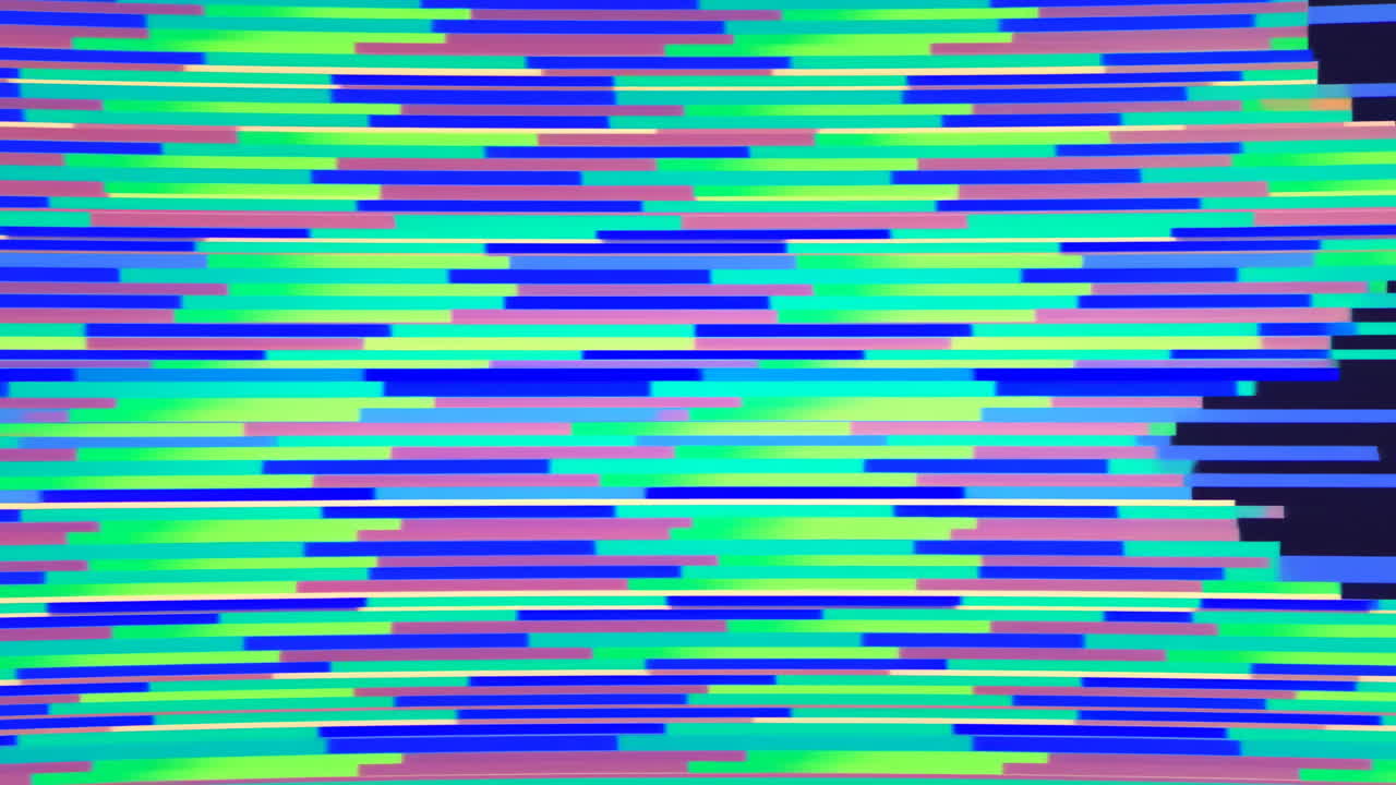 Neon-glitch-linjer suser hen over skærmen, dynamiske vandrette bjælker i cyan, magenta og blå skaber et tempofyldt udtryk