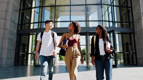 diverse students walking and talking on a university campus