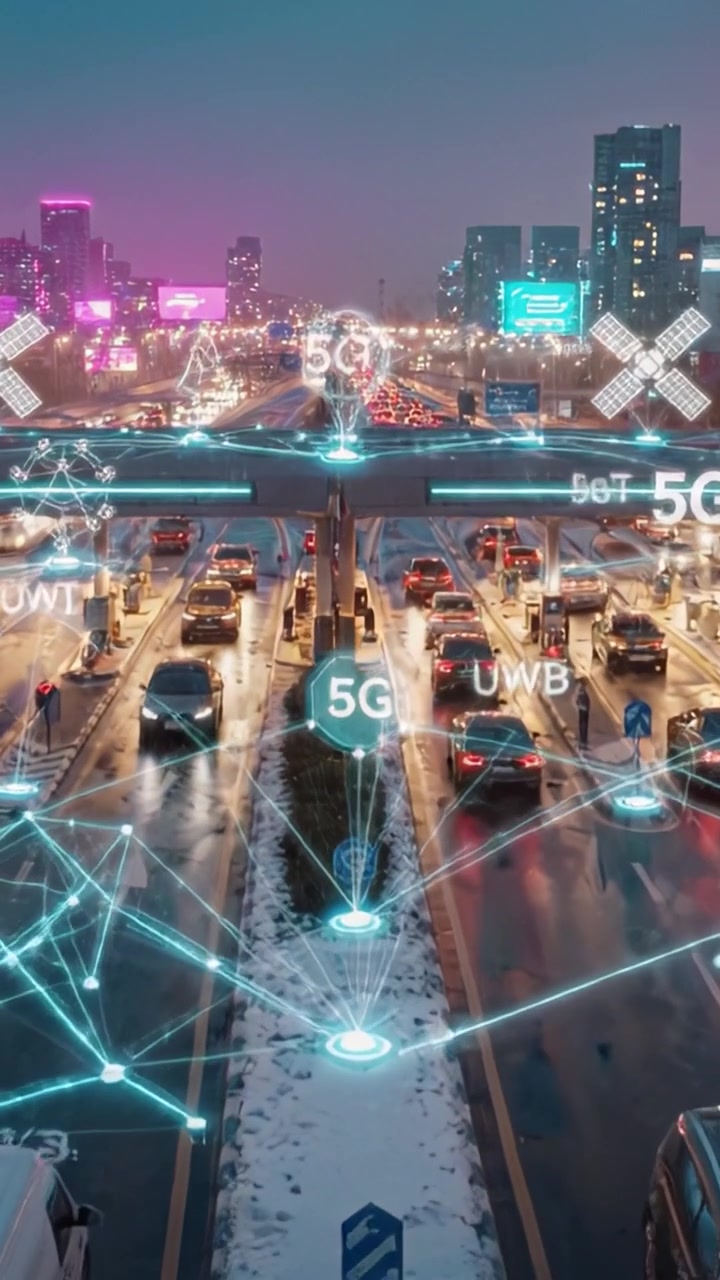 Un vivace paesaggio urbano al tramonto, che mostra traffico intenso, skyline illuminato e tecnologia avanzata, evidenziando il contrasto tra vita urbana e innovazione.