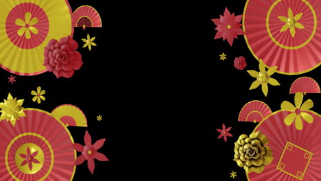 Animation-of-chinese-red-and-gold-pattern-with-copy-space-on-black-background