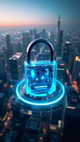 digital security padlock over cityscape