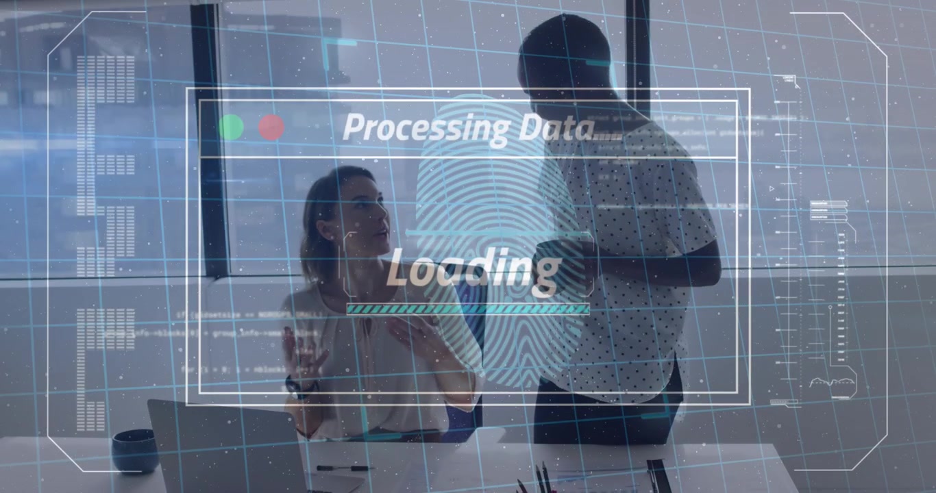 Animation of fingerprint scanner, data processing over two diverse women discussing at office
