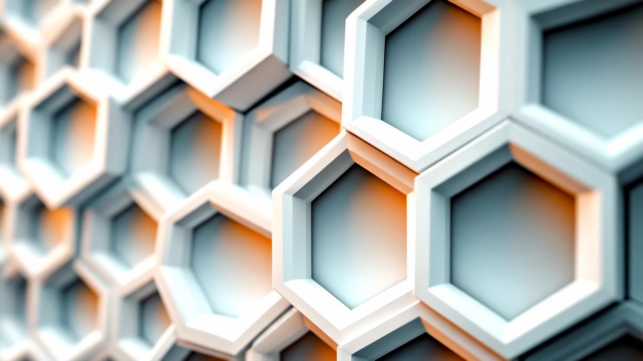 Estrutura geométrica branca em favo de mel com retroiluminação laranja. Close-up de painéis de parede hexagonais 3D abstratos com luz laranja suave brilhando por trás das bordas.