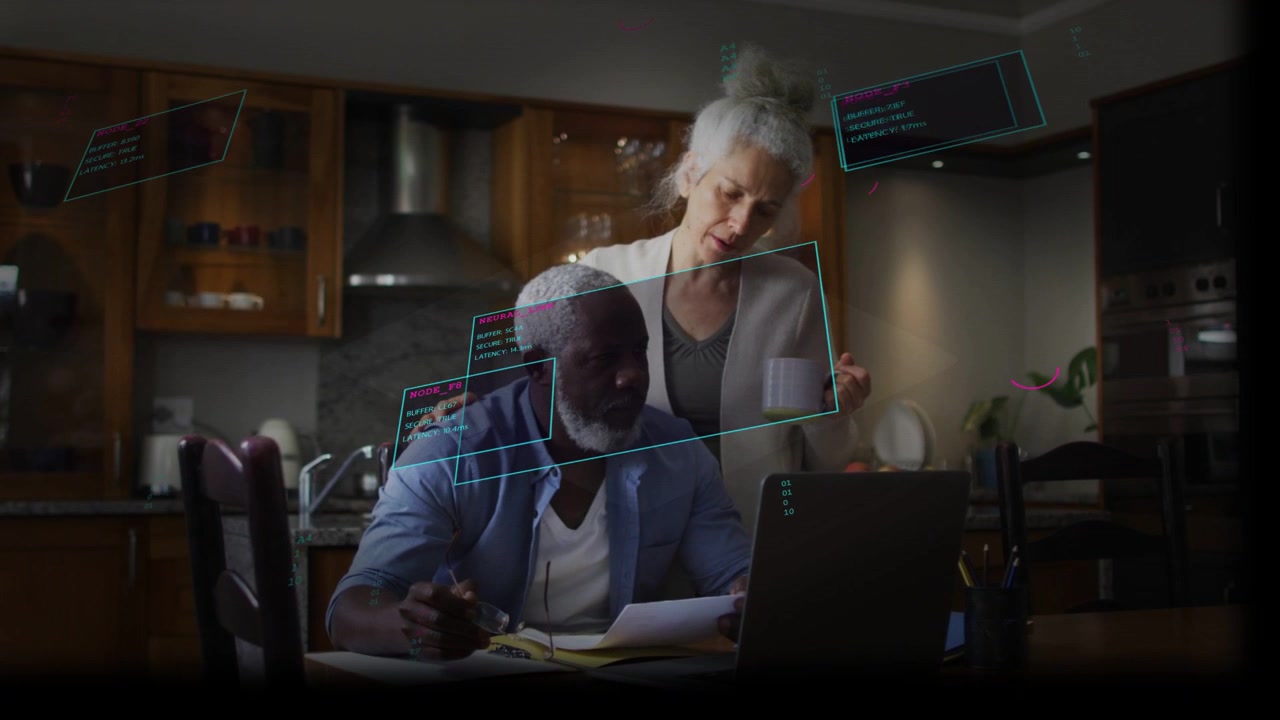 Senior man using phone, reviewing bills at home, phone activating AR finance panels, woman leaning