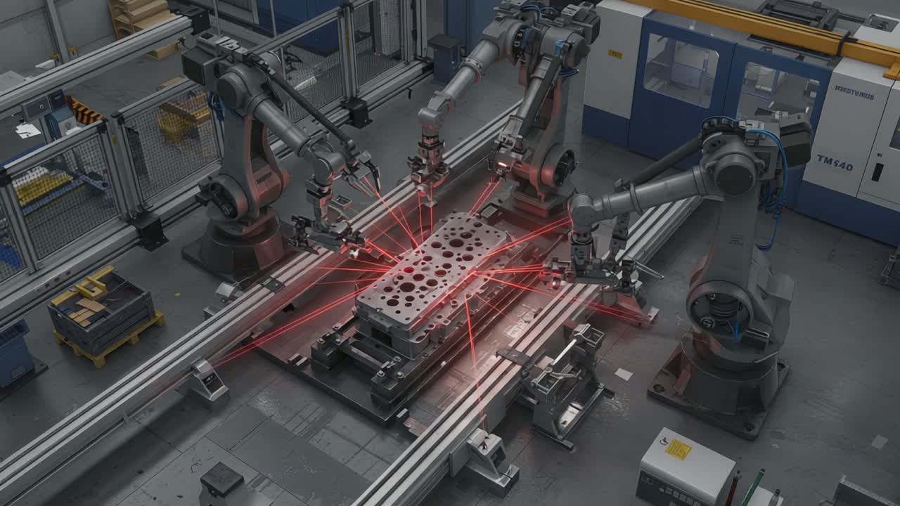 Advanced Robotics in Manufacturing: A High-Tech Assembly Line Utilizing Multiple Robotic Arms to Optimize Precision Engineering and Enhance Production Efficiency