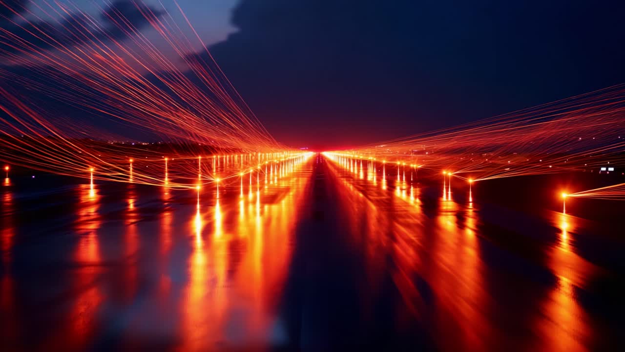 Illuminated Runway: A Stunning Display of Light Trails and Reflections Captured at Dusk, Showcasing the Dynamic Energy of an Airstrip at Twilight, Emphasizing Motion and Serenity