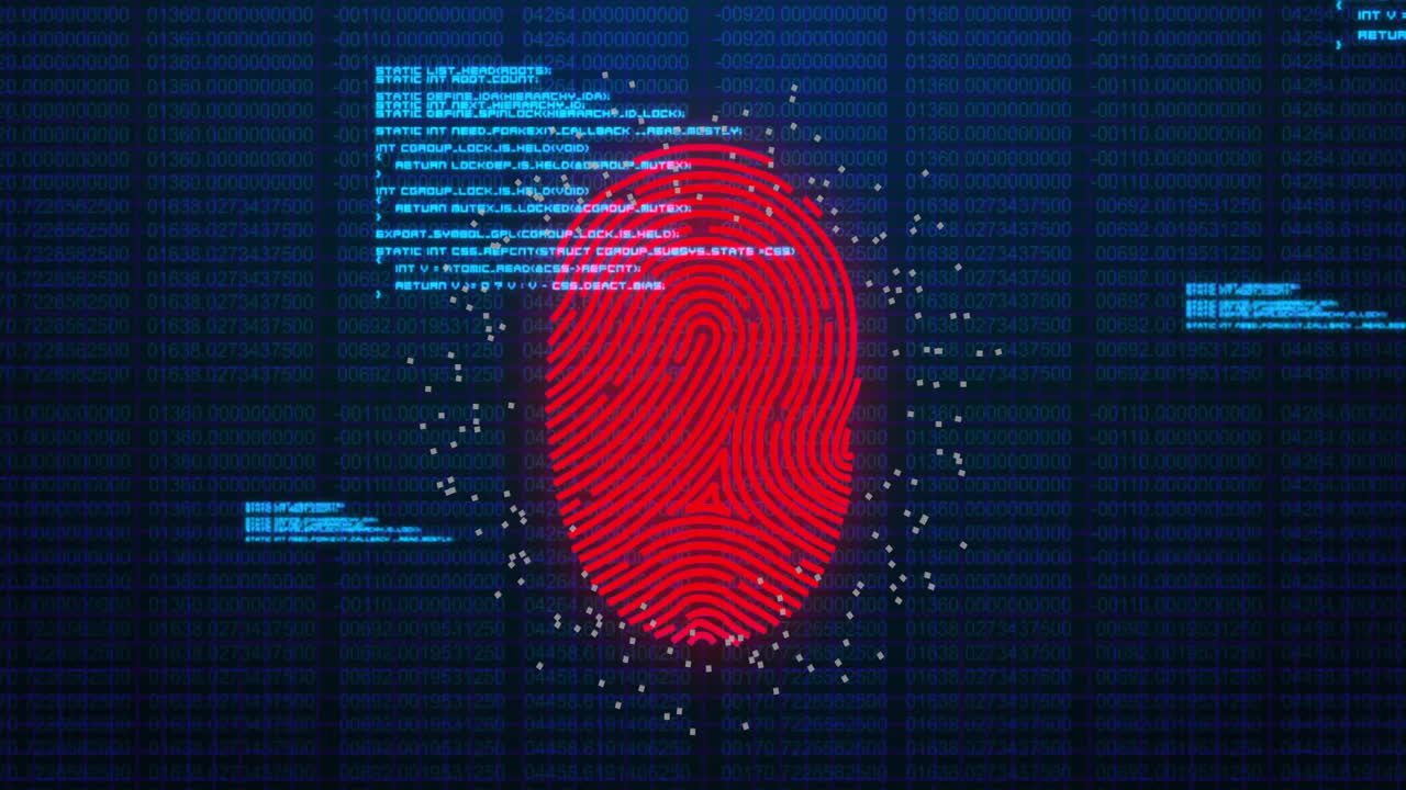 animación del procesamiento de datos y huellas dactilares en codificación binaria